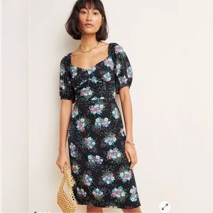 NWT Anthropologie Scarletta Sweetheart Floral Dress in Black Puff Sleeves Size 8